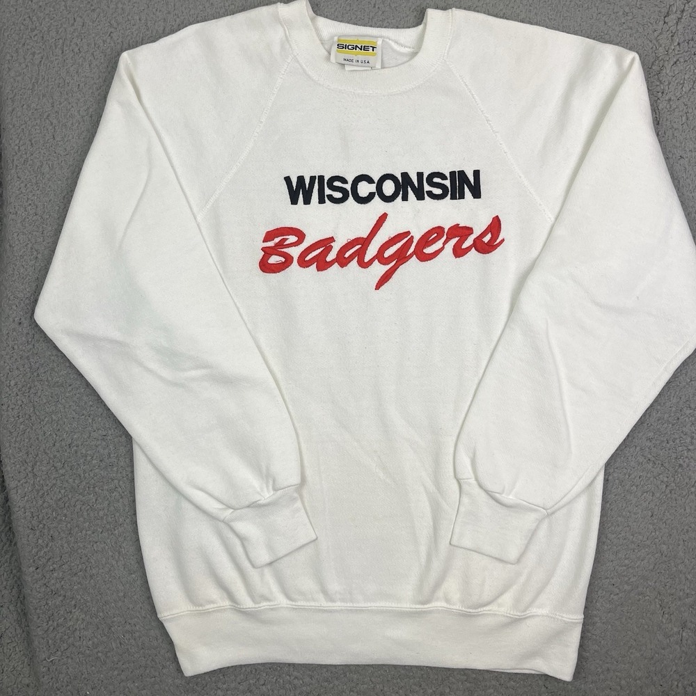 Vintage University of Wisconsin Badgers Sweater White Sweatshirt Crewneck USA Lg